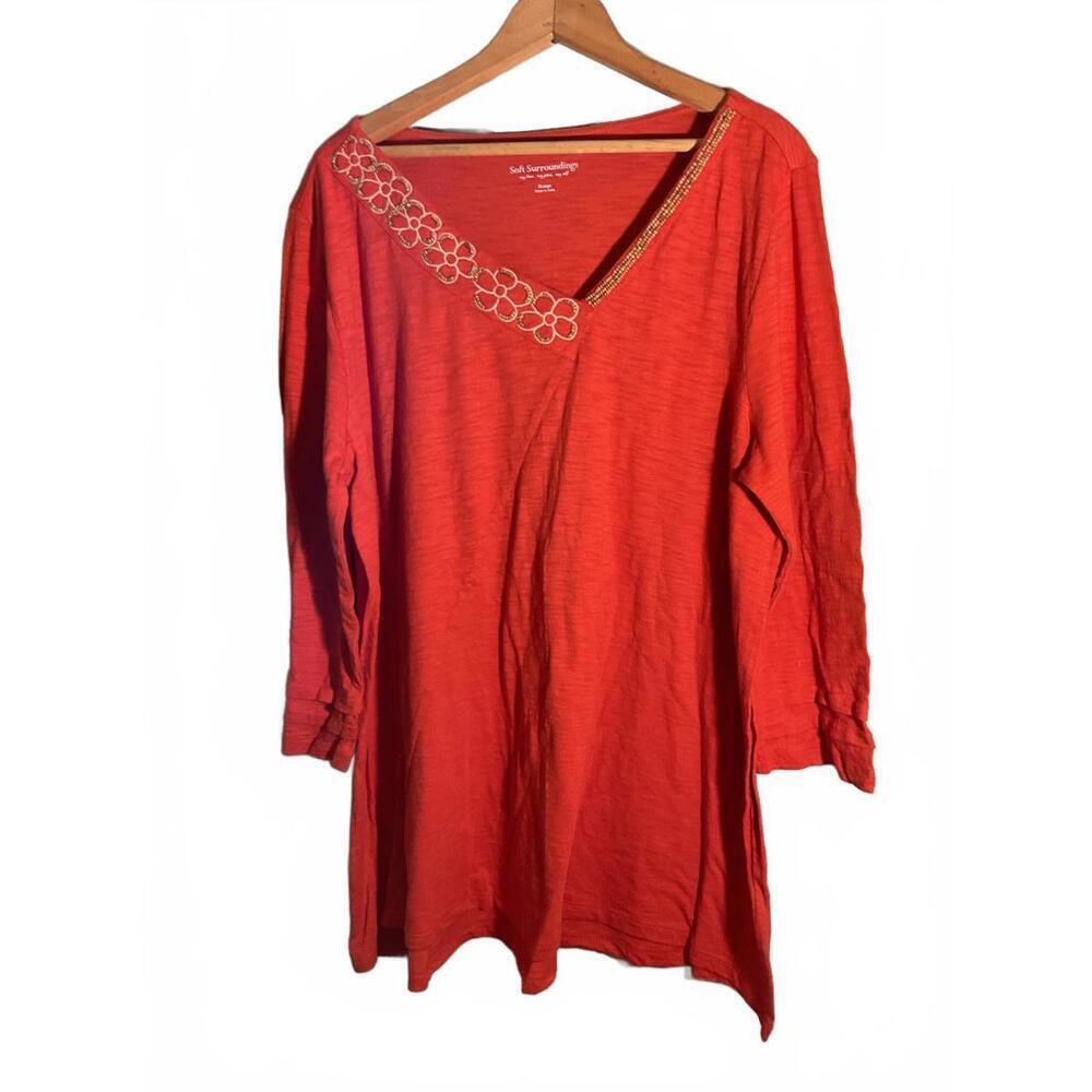 Soft Surroundings Women's Orange Tunic with Floral Embroidery/ Beading XL